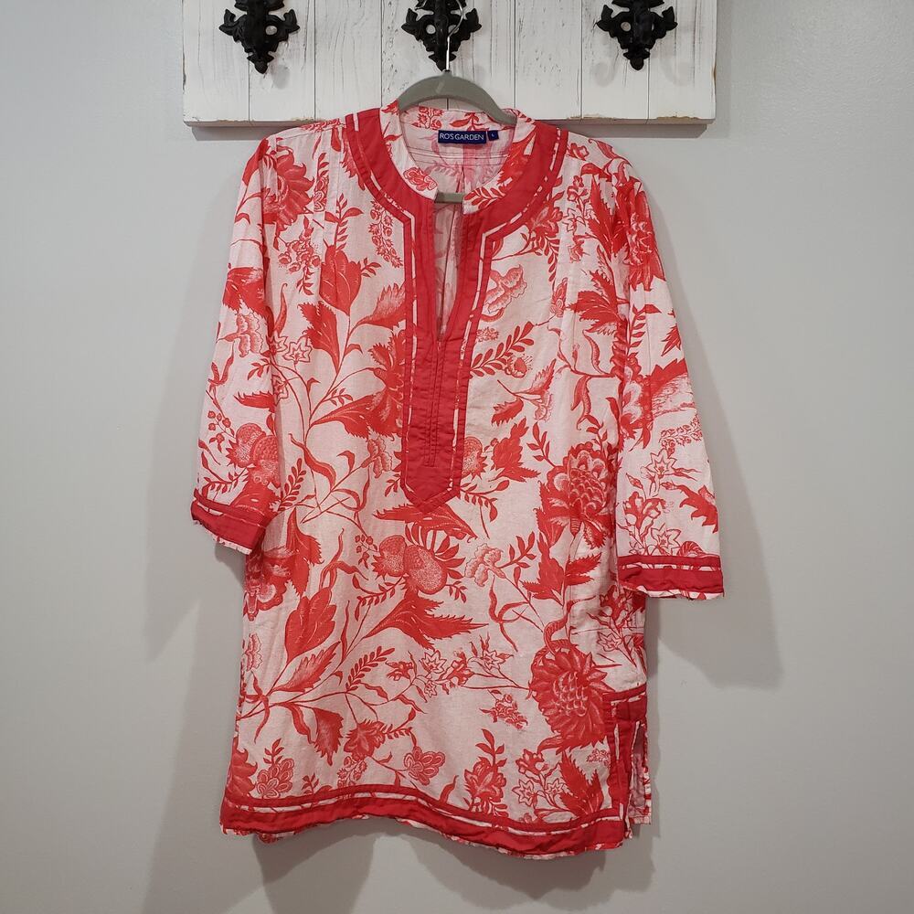 Ros Garden Red White Floral Tunic Top Linen Blend Large EUC